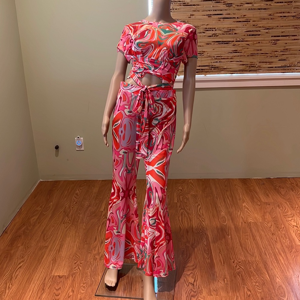 Akira Fun Trendy Multi-colored Sheer Net Bell Bottoms And Crop Top With Ties XL